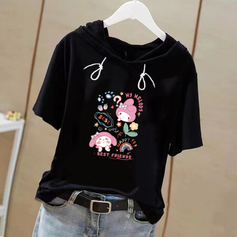 短袖 连帽 白色 上衣 女生 夏季 卫 衣女 t 恤 衣服 white hoodie short sleeve top summer new hoodie clothing trùm đầu t-shirt thời trang hoodie women in casual loose short sleeve top women