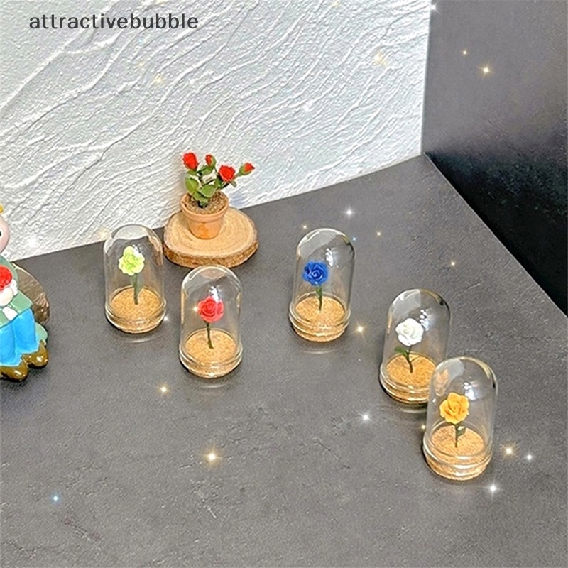Atvn 1pc dollhouse miniature rose flower glass cover đồ trang trí little prince rose model home desktop decor toy martijn