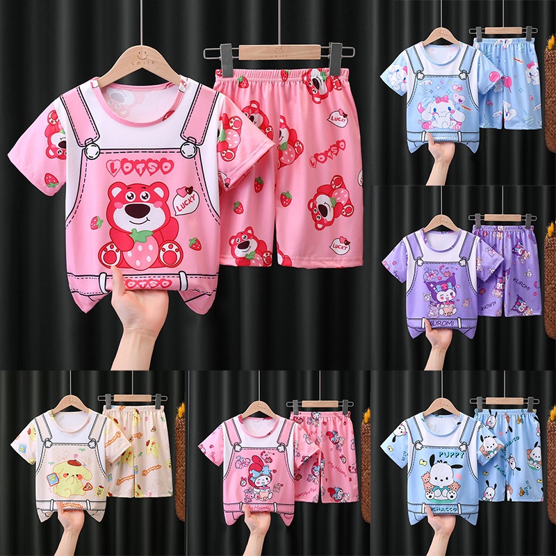 Sanrio Bộ Đồ Ngủ Gấu Dâu Ngắn Tay Vải Mỏng In Hoạt Hình Kuromi Dễ Thương Pijama Cho Bé Gái