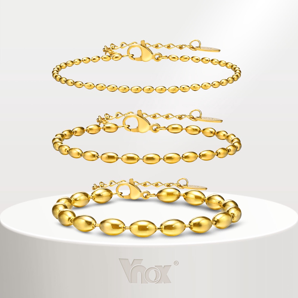 Vòng đeo tay VNOX chuỗi hạt bóng bầu dục vàng 18k bằng thép không gỉ 2mm / 3mm / 5mm cho nữ