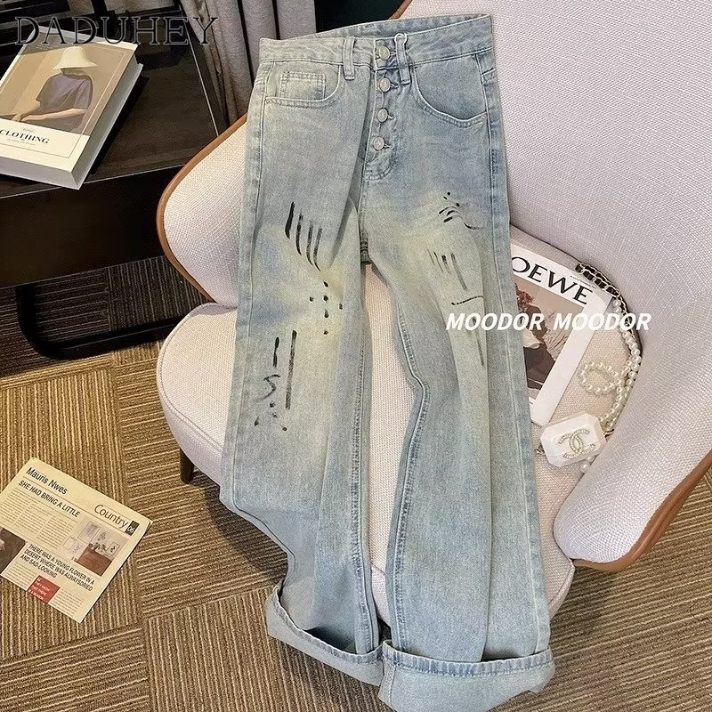 DaDuHey New American Ins High Street Retro Jeans Niche High Waist Wide Leg Pants Large Size Trousers