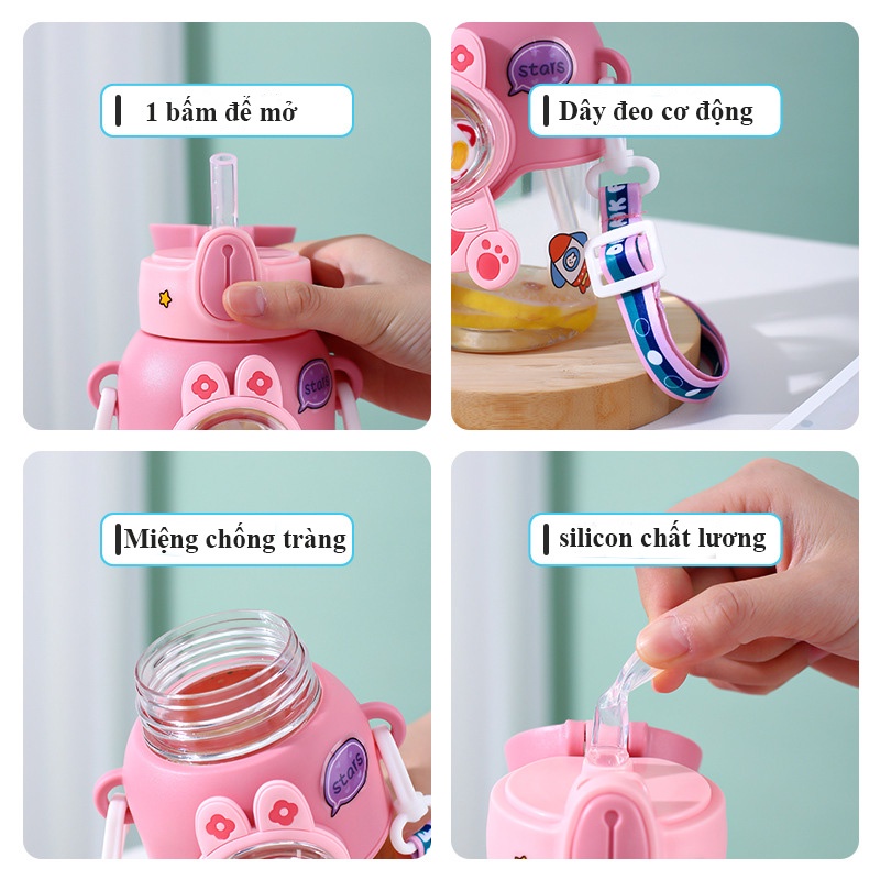 Bình uống nước cho bé tiện lợi hình thú cưng dễ thương 600ml, bình nước cho bé đi học nhựa PP cao cấp an toàn cho bé
