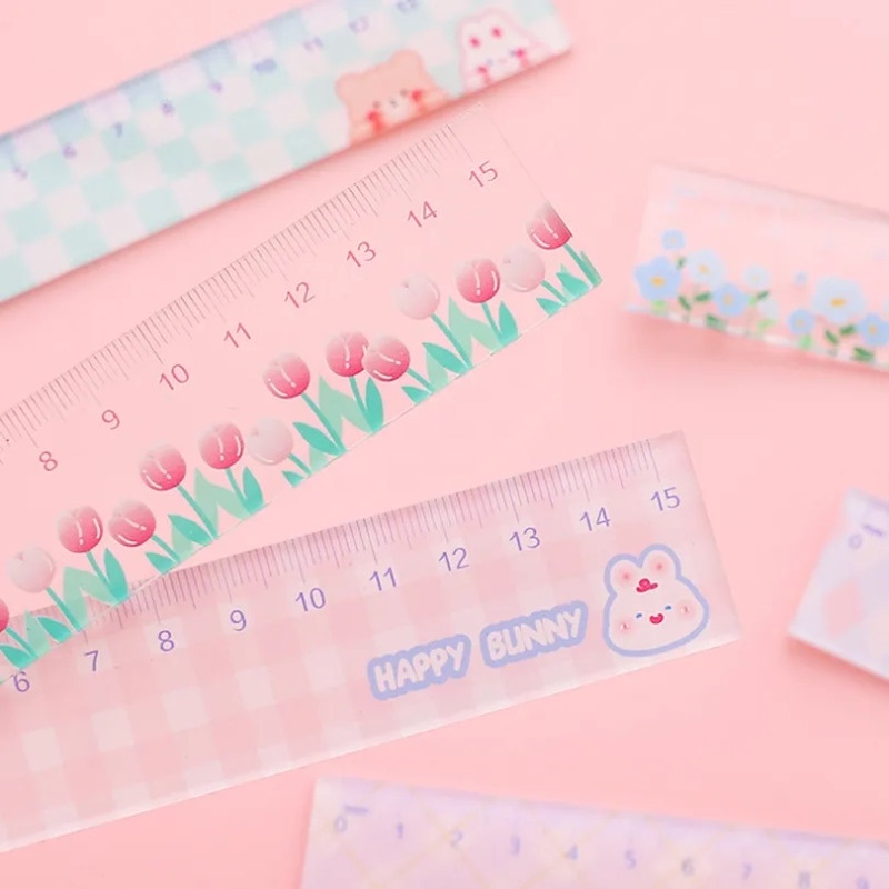 Ins wind high beauty student exam thước đo / văn phòng dạy vẽ dày văn phòng phẩm / 15cm phim hoạt hình dễ thương thước acrylic trong suốt / thước hoa tươi