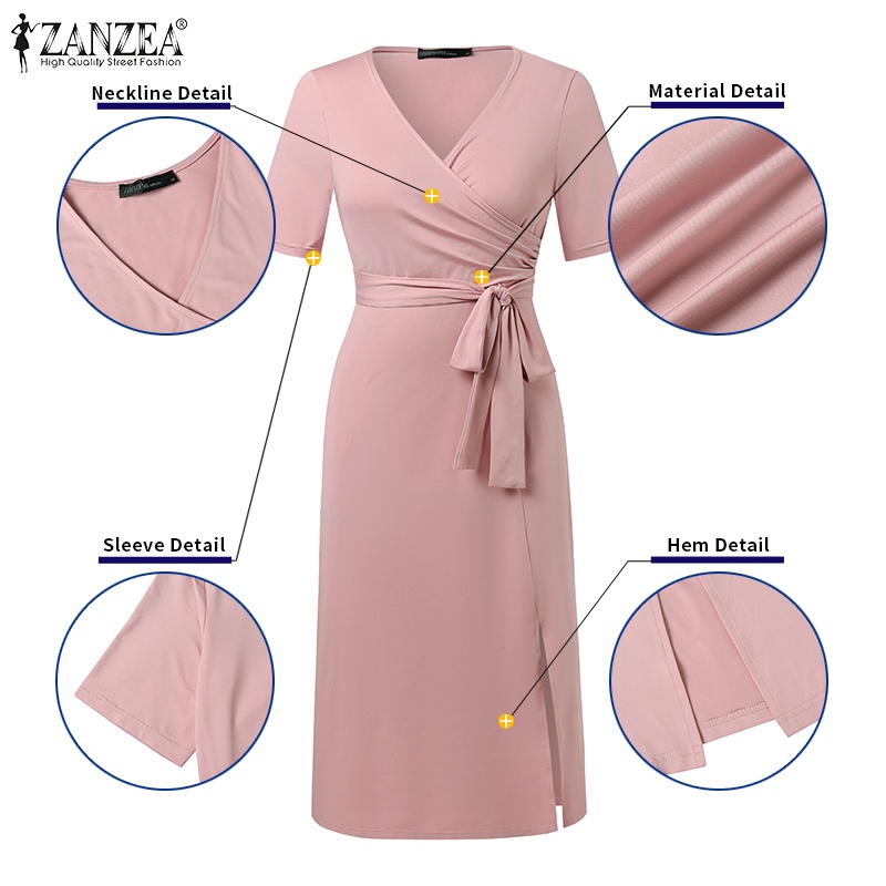 Đầm ZANZEA cổ chữ V ngắn tay thắt lưng xếp ly xẻ tà phong cách Hàn Quốc dành cho nữ