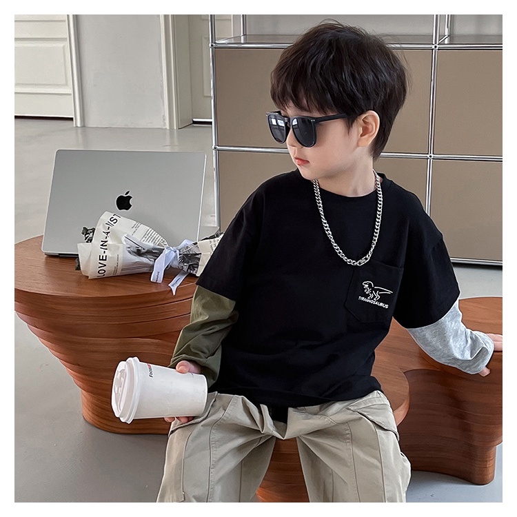 Áo t-shirt trẻ em nhật bản và hàn quốc dài tay in hình khủng long khâu tay áo bé trai dưới cùng