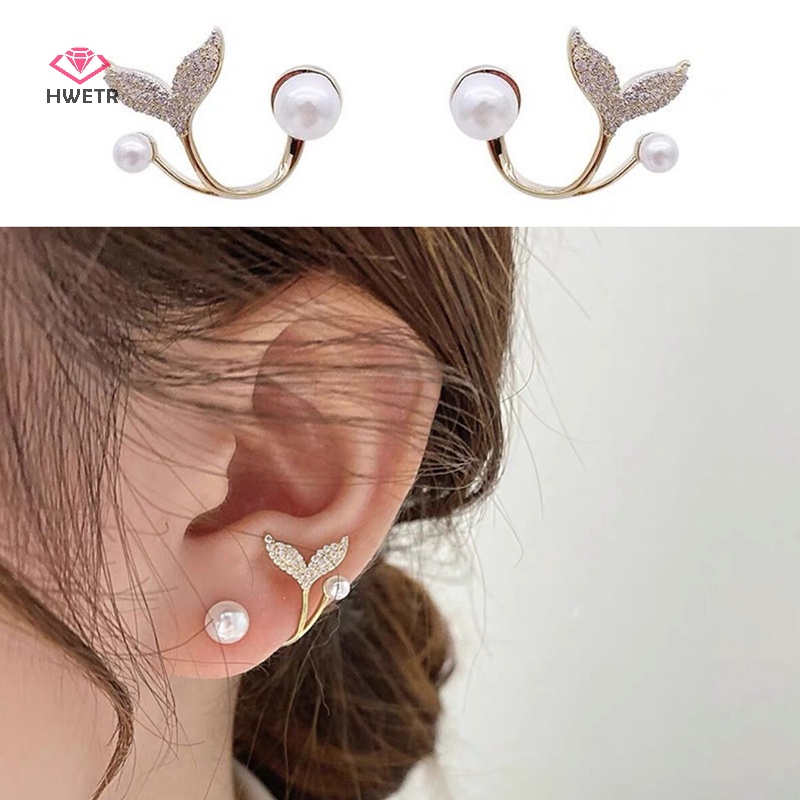 Khuyên tai HWETR kim loại kiểu đuôi cá hoa ngọc trai dễ thương phong cách cổ điển thời trang xuân hè dành cho nữ