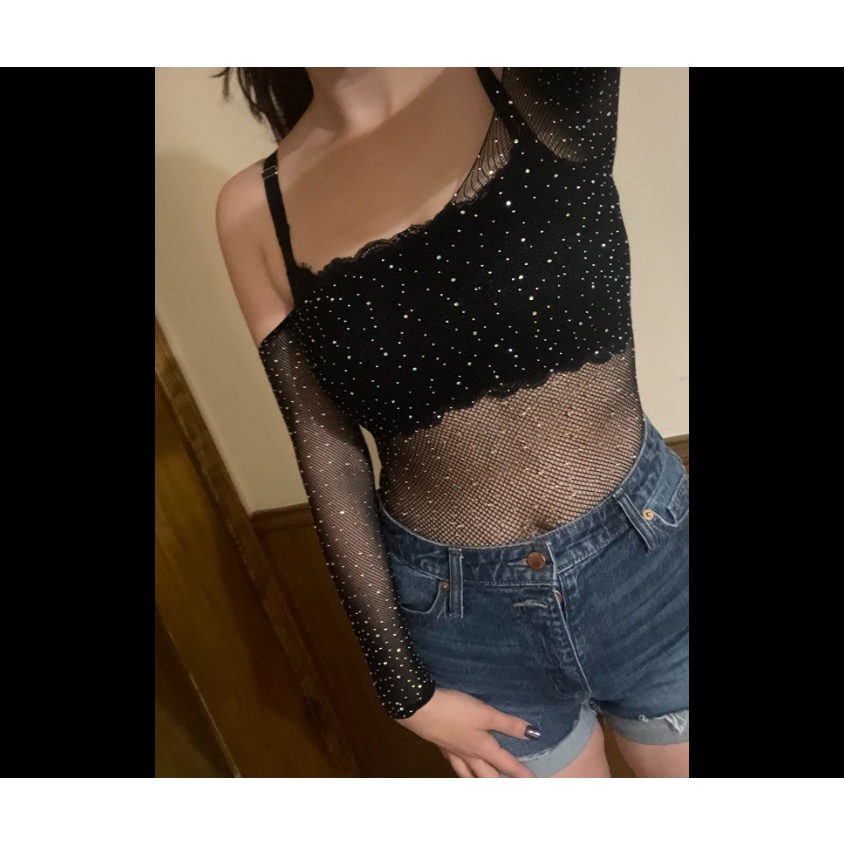 Phụ nữ đồ lót lưới cá bodysuit lấp lánh rhinestone sexy mesh teddy đồ lót