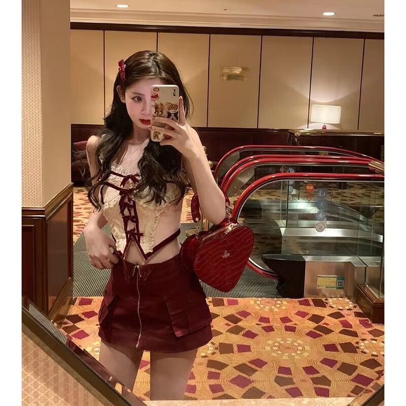 Phong cách pure desire hot girl thiết kế thời trang ren khâu nơ sling top váy eo cao hai mảnh phù hợp với hợp thời trang mfpd