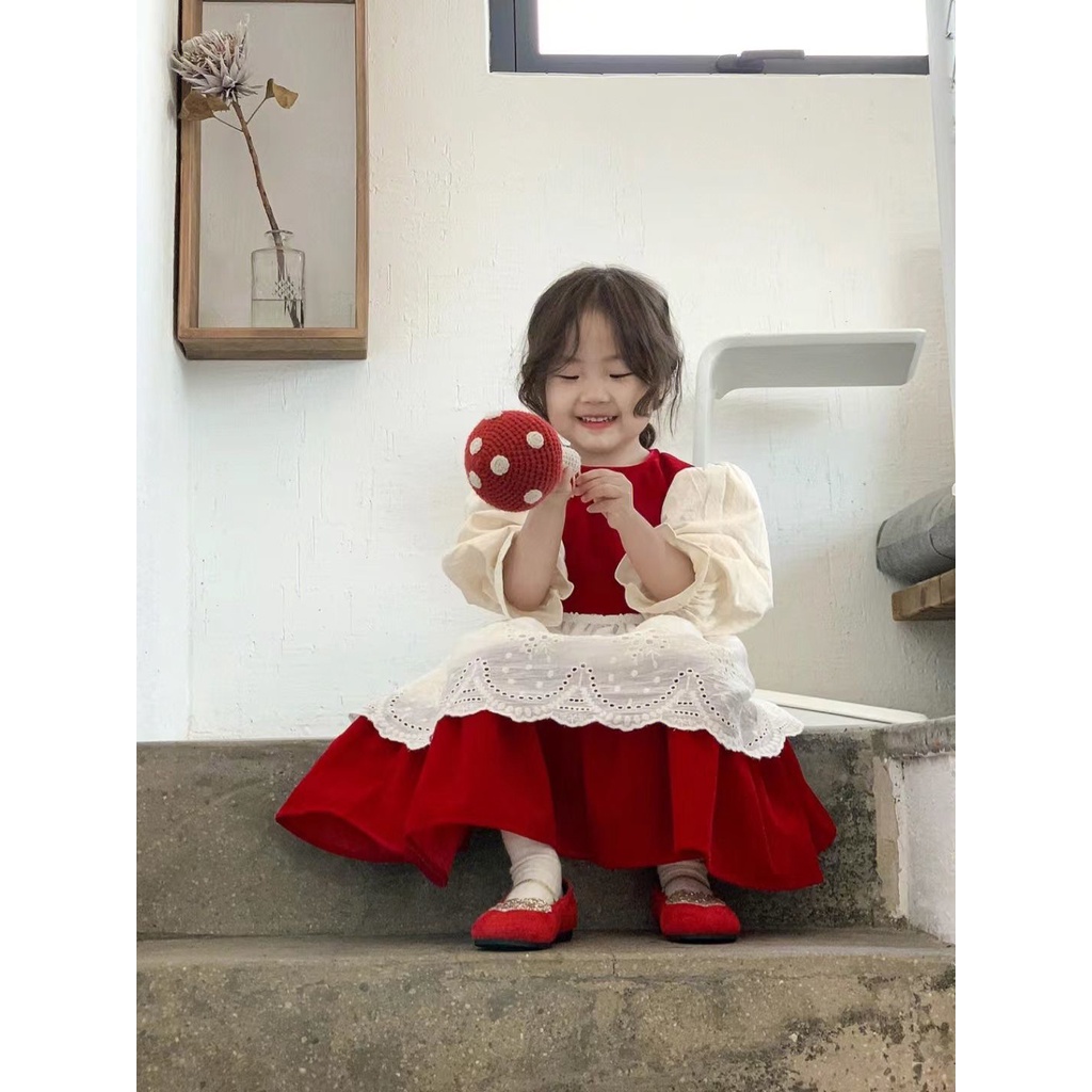 Đầm Công Chúa lolita Màu Đỏ Phong Cách Hàn Quốc Thời Trang Mùa Thu Cho Bé Gái