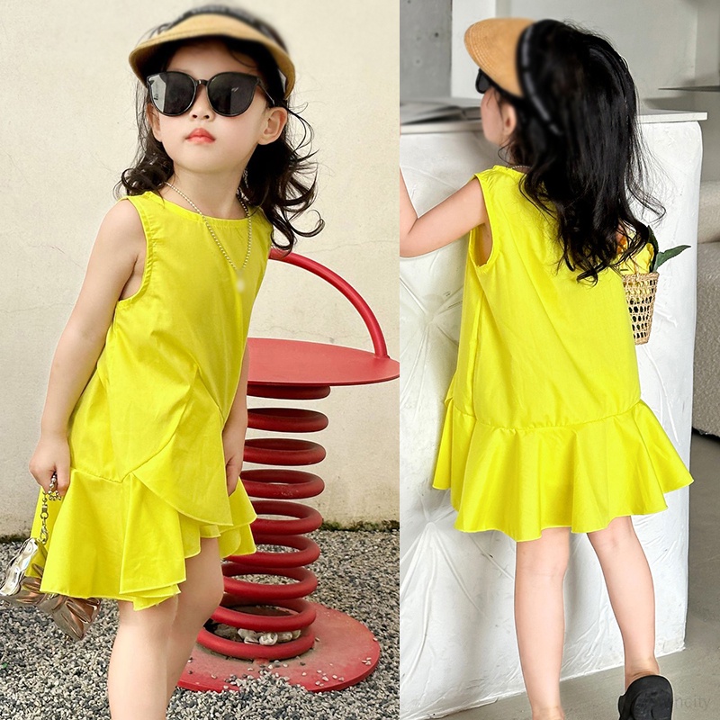 Trẻ em hàn quốc cô gái không tay màu rắn hem ruffled design dress