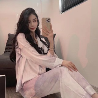 Cà vạt khí quyển nhuộm đồ ngủ lụa chất lượng cao phụ nữ băng lạnh đồ ngủ phụ nữ dài tay thời trang ngọt ngào đồ ngủ baju tidur wanita 冰雪丝 睡衣 女