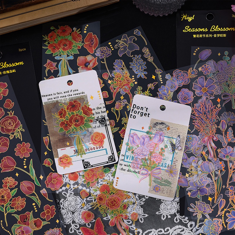 Bộ 3 Tấm Sticker Trong Suốt Chống Thấm Nước Họa Tiết Hoa vintage Trang Trí Sổ Tay