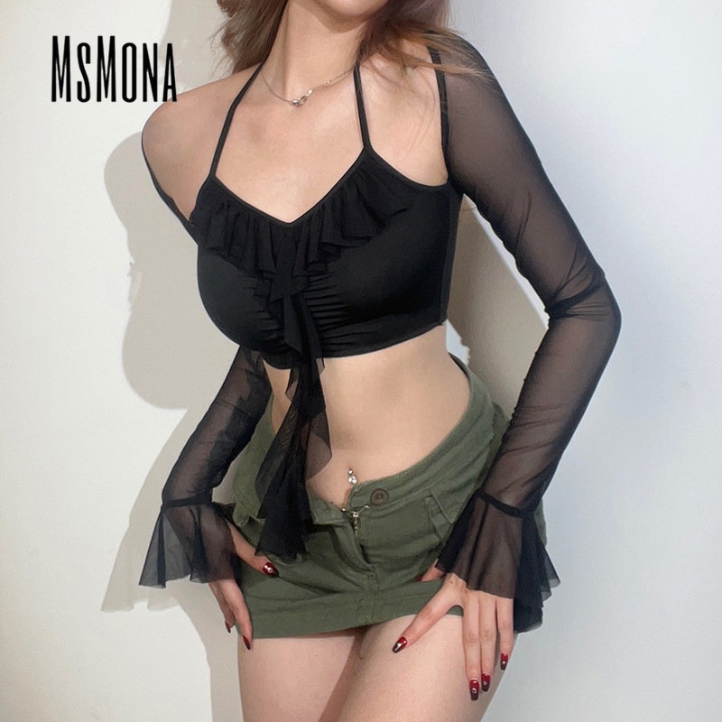 Áo Thun Tay Dài Cổ Chữ V Màu Trơn Dáng Ôm Thời Trang 2023 Quyến Rũ Cho Nữ