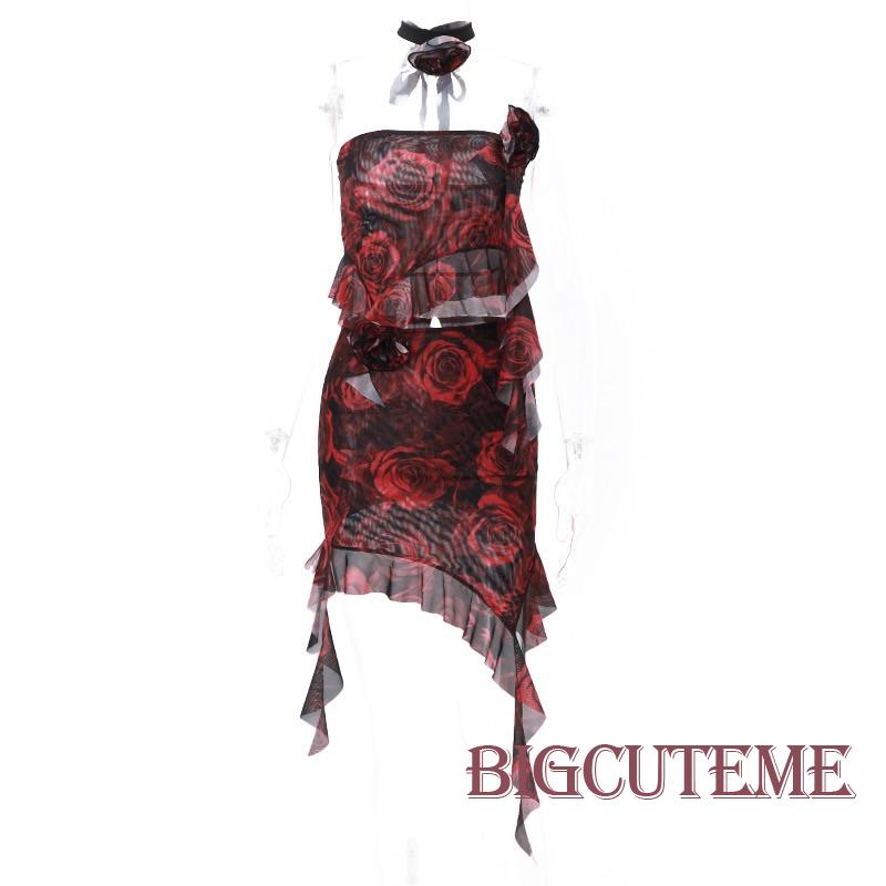 Bộ Trang Phục 2 Mảnh Gồm Áo Trễ Vai Không Tay + Chân Váy Ngắn In Hoa Thời Trang Cho Nữ