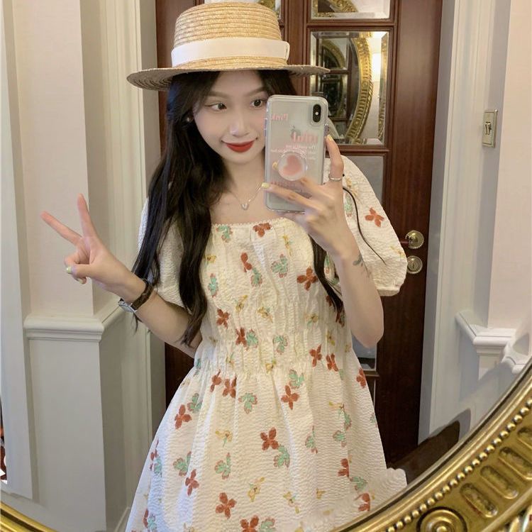 Đầm Cổ Vuông Tay Phồng In Họa Tiết Phong Cách Hàn Quốc Thời Trang Mùa Hè Xinh Xắn Cho Nữ