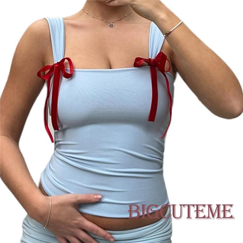 [] - Áo Tank Top Thắt Nơ Dễ Thương Mỏng Vừa Vặn Phong Cách Retro Đường Phố Hàn Quốc Y2k