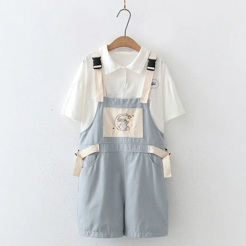 Bộ Áo Thun polo Ngắn Tay Dáng Rộng + Quần Yếm Thỏ Phong Cách Nhật Bản Mới 2023 Cho Bé Gái 3-5 - 8-14 Tuổi