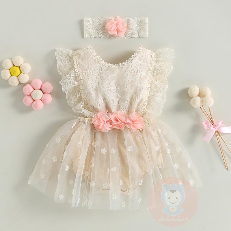 Bộ Áo Liền Quần 2 Dây Phối Ren Hở Lưng + Băng Đô Xinh Xắn Cho Bé Gái LAA6-Gi