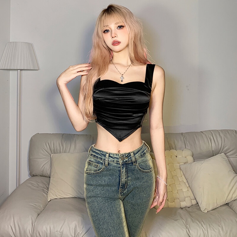Áo Hai Dây Hở Lưng Dáng Ôm Vải Satin In Hình Trái Tim Thời Trang Mùa Hè Thanh Lịch Quyến Rũ Cho Nữ