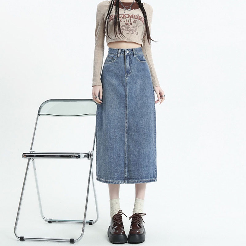 ZhuXia Chân Váy Jean Chữ A Lưng Cao Xẻ Tà Phong Cách Cổ Điển Dành Cho Nữ