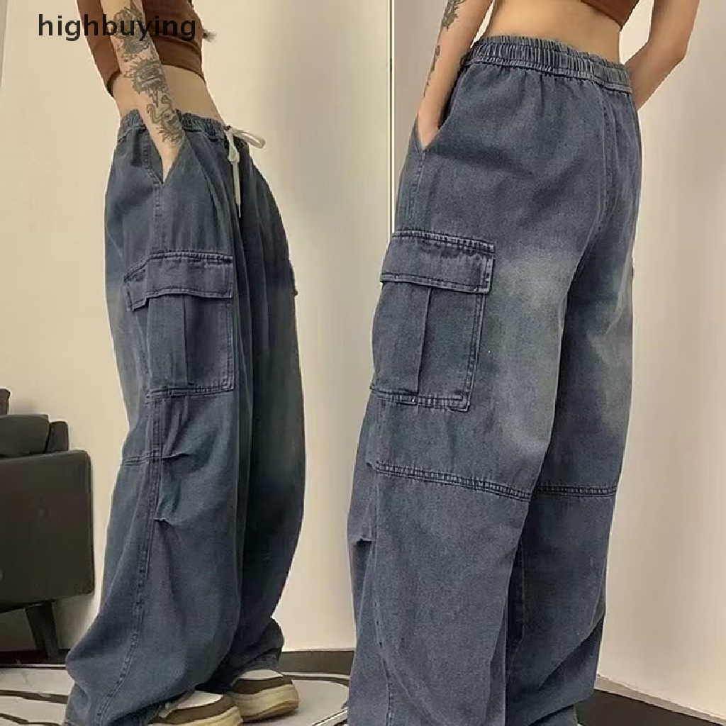 Quần Jean Dài Ống Rộng Phối Túi Lớn Phong Cách Hip Hop Đường Phố Cá Tính