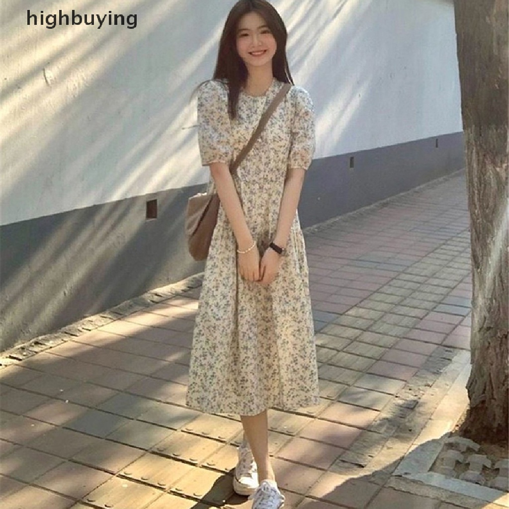 Đầm Midi Tay Ngắn Cổ Tròn In Họa Tiết Hoa Phong Cách Hàn Quốc Cho Nữ