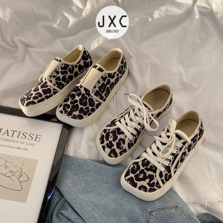 JINxCHOY Giày thể thao thắt dây họa tiết da báo cá tính thời trang cho nữ