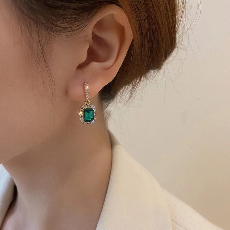 Khuyên Tai Bạc 925 Dáng Vuông Màu Xanh Lá Phong Cách retro Thời Trang Mới 2023 Dành Cho Bạn Nữ