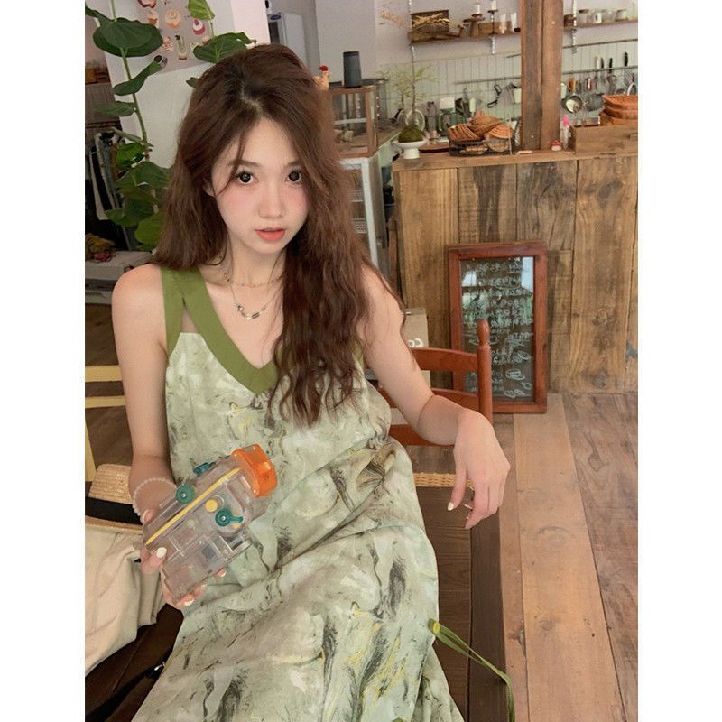 COZOKC Đầm Sát Nách Dáng Rộng Cổ Chữ V Cột Dây Phong Cách Thời Trang Hong Kong