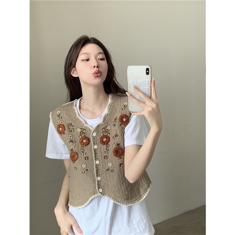 Áo Sweater Dệt Kim Sát Nách Thêu Họa Tiết Dân Tộc 2 Màu Tùy Chọn