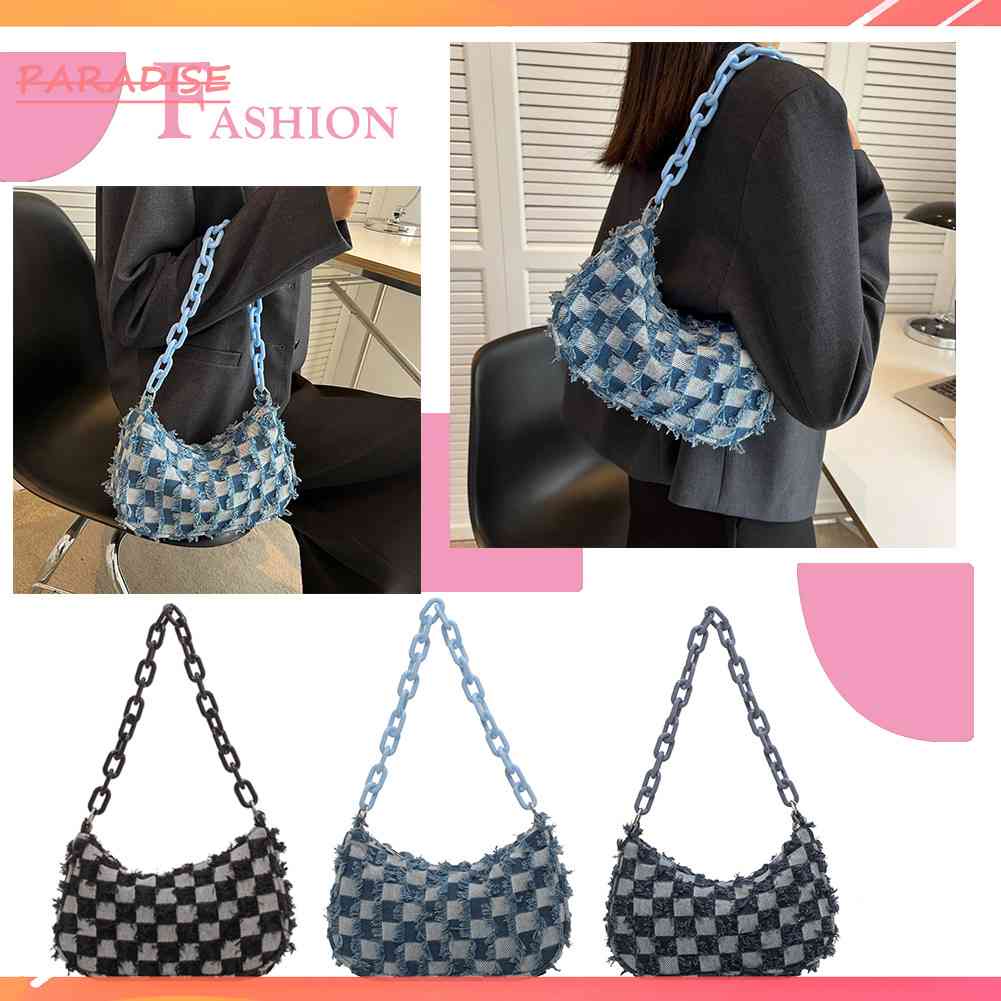 Túi Xách Nữ Denim Dây Xích Acrylic Màu Xanh Dương Mới