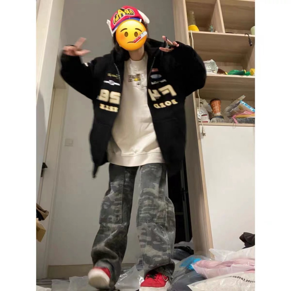 Áo Khoác Khóa Kéo In logo Phân Tử Phong Cách Đường Phố Retro