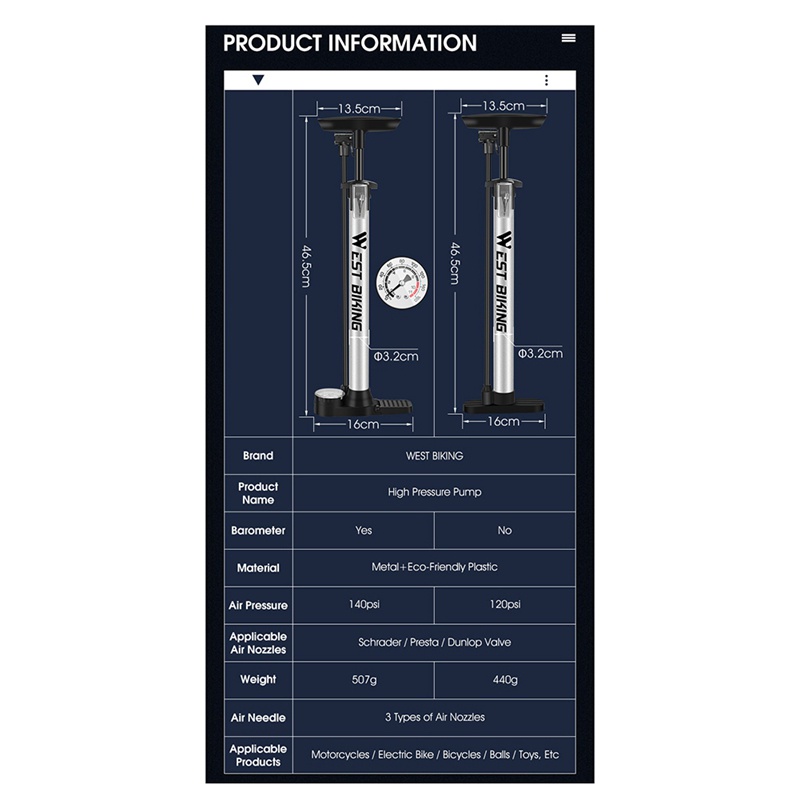 1 Bộ Bơm Hơi Xe Đạp Màu Bạc Áp Suất Cao Tiện Dụng