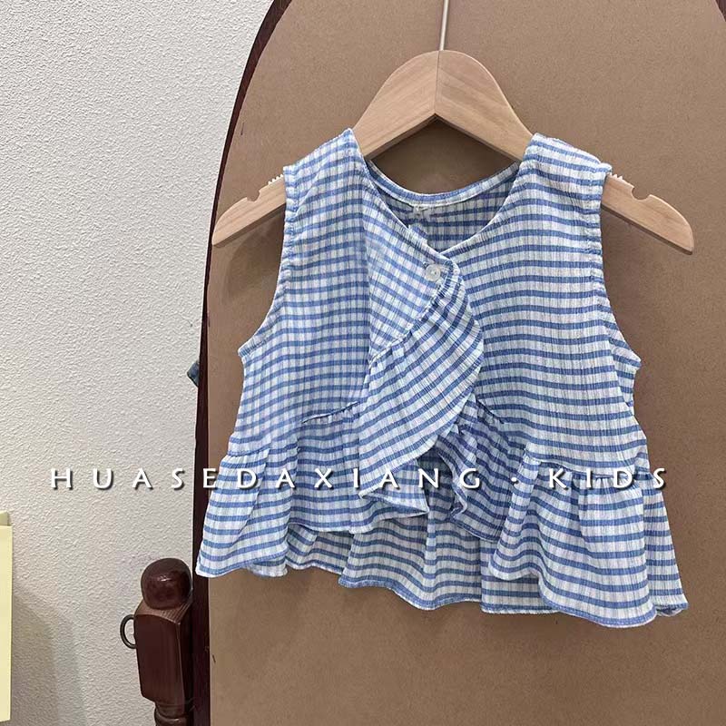 Set Áo Sát Nách Cổ Tròn Họa Tiết Sọc Caro Và Quần Ống Rộng Thời Trang Mùa Hè Cho Bé Gái