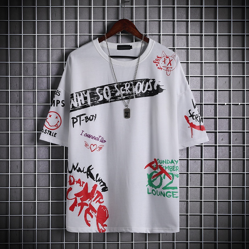 Áo Thun Tay Ngắn Cổ Tròn Dáng Rộng Phong Cách hip hop Hàn Quốc Thời Trang Mùa Hè Cho Nam