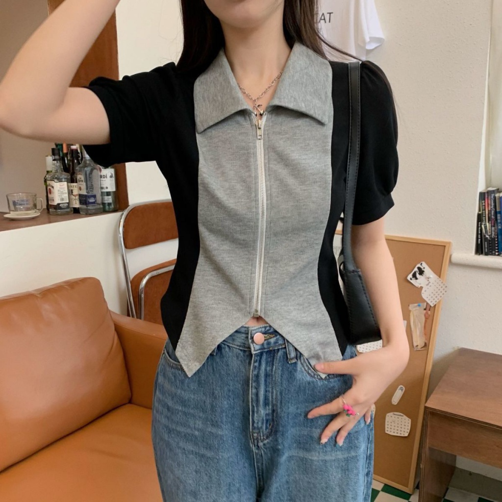 Áo Thun Cổ polo Khóa Kéo Phối Màu Sắc Thời Trang Mùa Hè