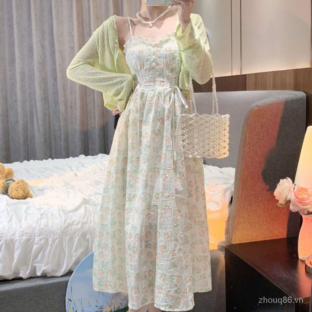 Bộ Áo Khoác Cardigan Chống Nắng Phối Đầm Hai Dây Mỏng Ôm Dáng Cỡ Lớn Phong Cách Mori Cho Nữ