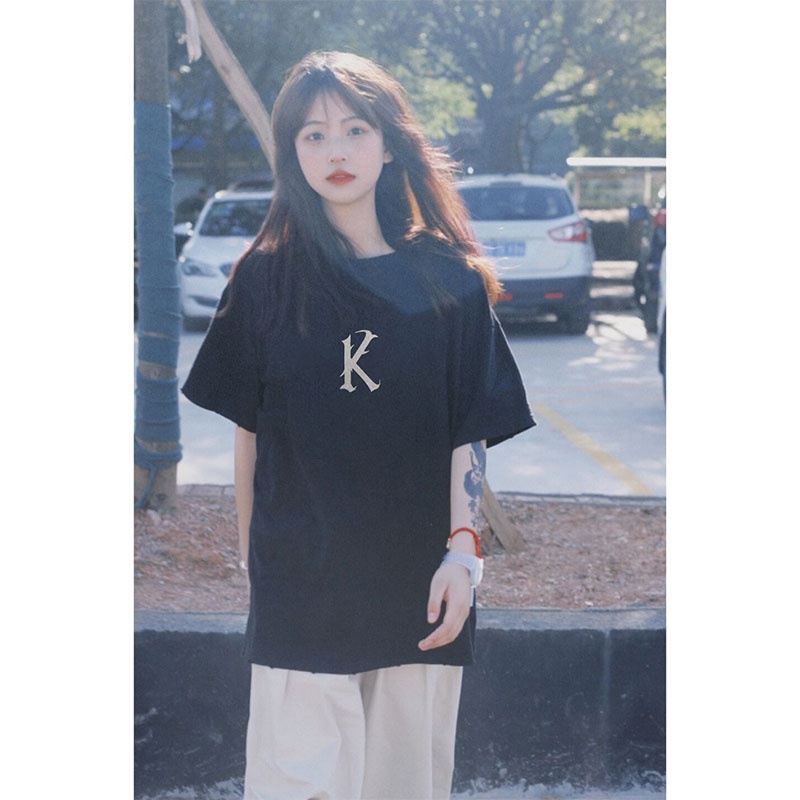 Áo Thun 100% cotton Màu Đen Dáng Rộng In Họa Tiết Xinh Xắn Thời Trang Mùa Hè Cho Nữ 5050