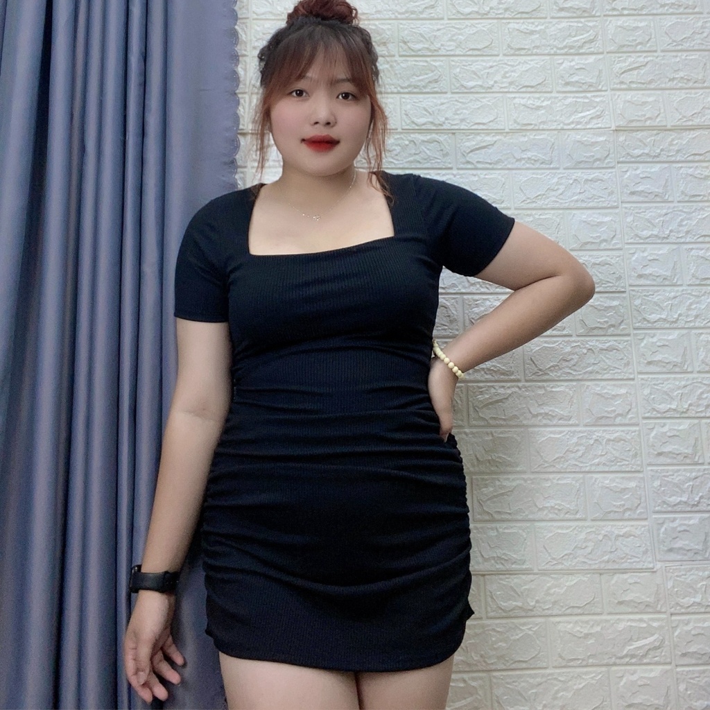 Đầm Dự Tiệc Bigsize Cổ Vuông Nữ Tay Ngắn Ôm Body Dáng Vừa Chất Gân Tăm Co Giãn Từ 60-95kg G77