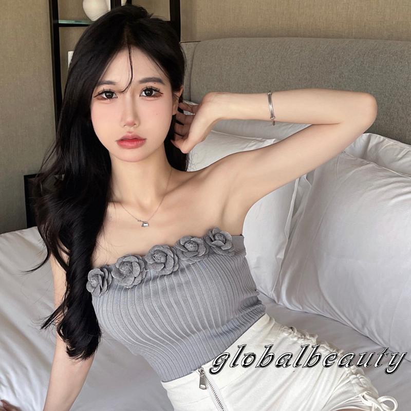 Áo Ống Dệt Kim Hở Lưng Màu Trơn Trang Trí Hoa Thời Trang Mùa Hè Cho Nữ