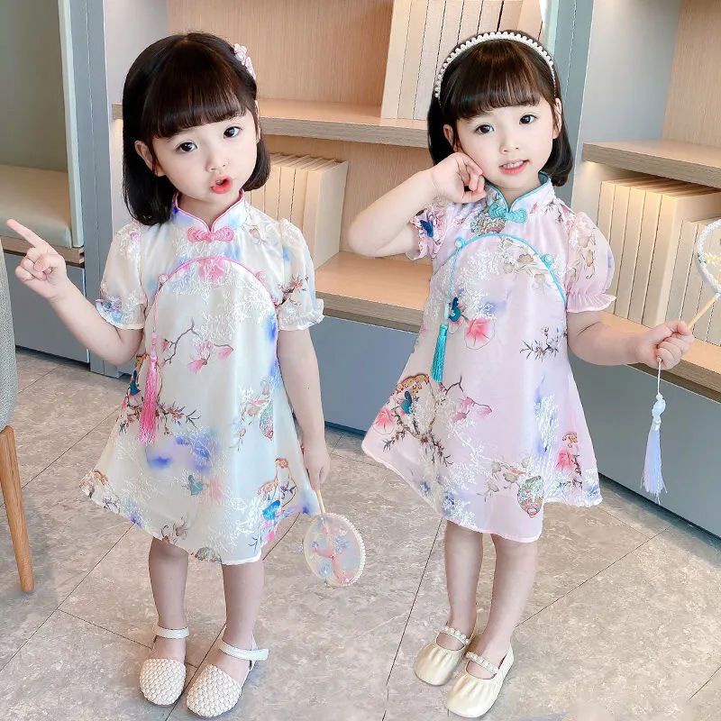 Đầm Sườn Xám Vải Voan Phối Ren Kiểu Trung Hoa Thời Trang Mùa Hè Cho Bé Gái