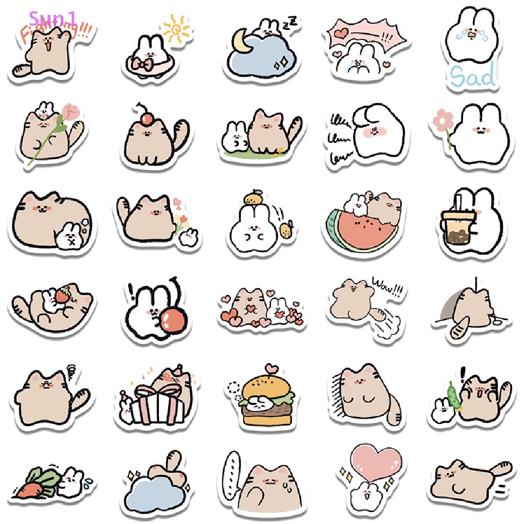 Set 60 Nhãn Dán Hoạt Hình Mèo Thỏ Đáng Yêu Trang Trí Sổ Tay DIY