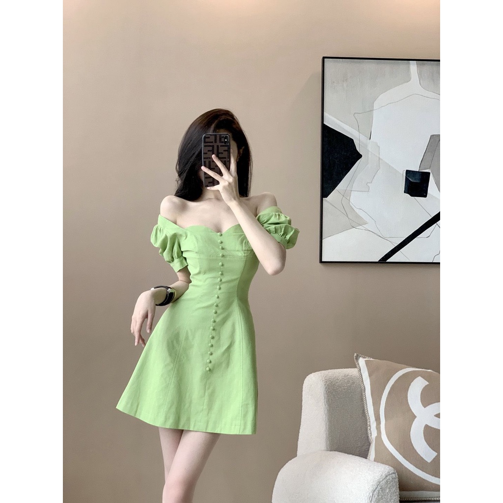 Đầm Ngắn Ôm Eo Cao Tay Phồng Cổ Vuông Màu Xanh Lá Mùa Hè Phong Cách Pháp Cổ Điển Kiểu Mới Cho Nữ