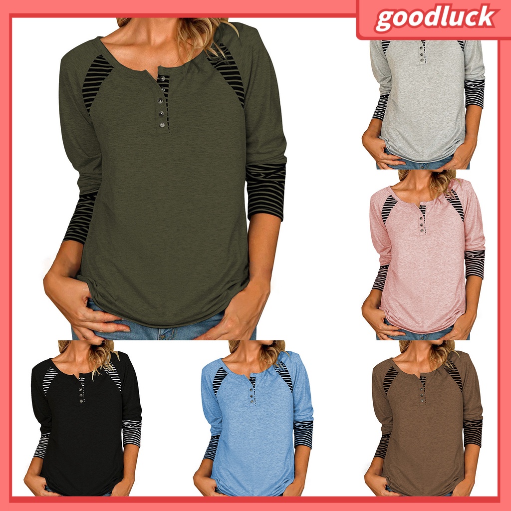 Áo Thun Tay Dài Cổ Tròn Họa Tiết Kẻ Sọc Phối Màu Thời Trang Mùa Thu Cho Nữ