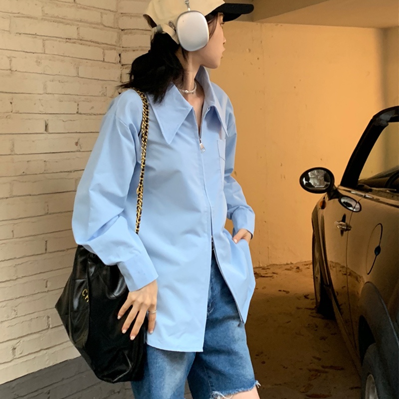 Kaisike  Áo Sơ Mi Dài Tay Cổ Bẻ Phối Khóa Kéo Đôi Thời Trang