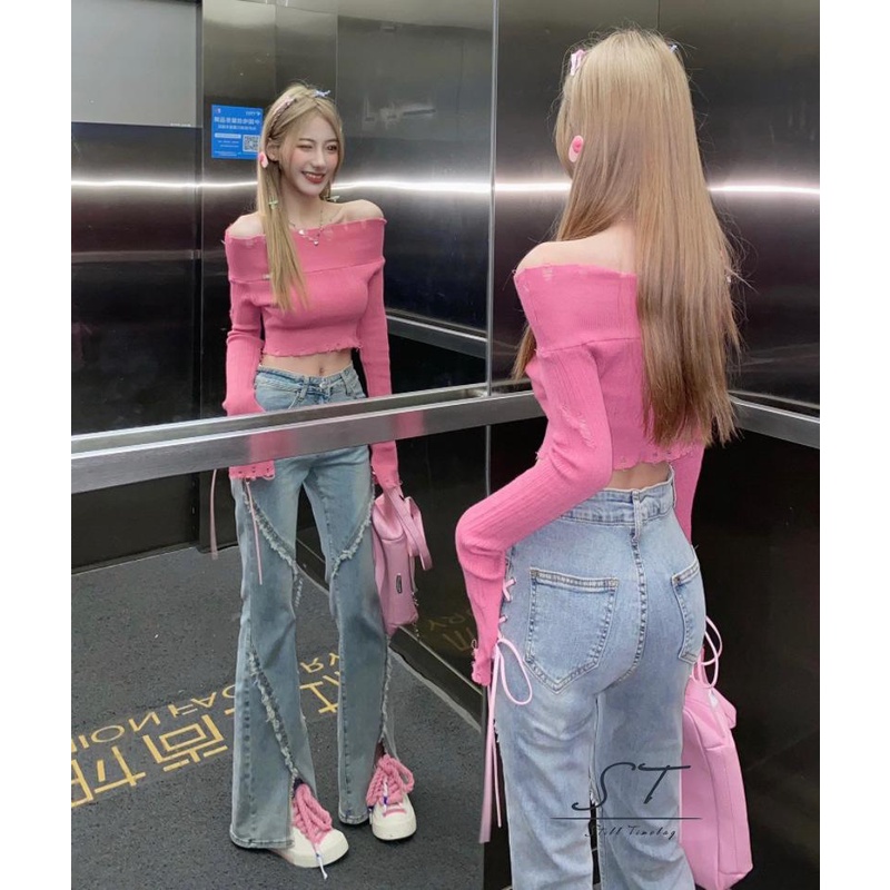 Áo Croptop Dệt Kim Trễ Vai Tay Dài Màu Trơn Thời Trang Đường Phố Cho Nữ