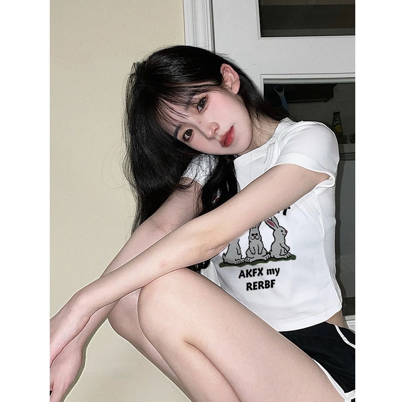 Áo Thun cotton Ngắn Tay Hở Vai Eo Cao Ôm Dáng Cho Nữ