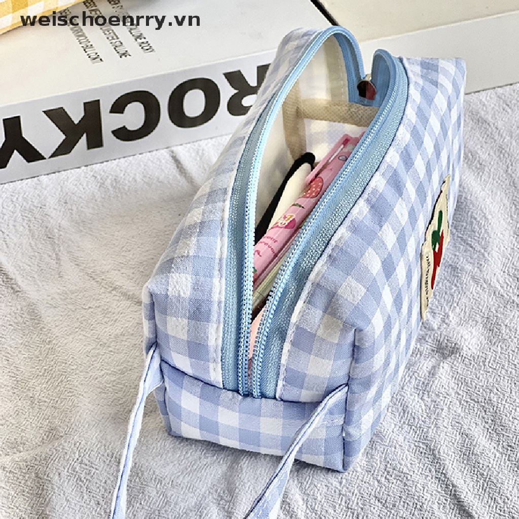 Túi Đựng Bút Chì / Mỹ Phẩm / Tiền Xu Bằng Vải Canvas Họa Tiết Sọc Caro Dễ Thương