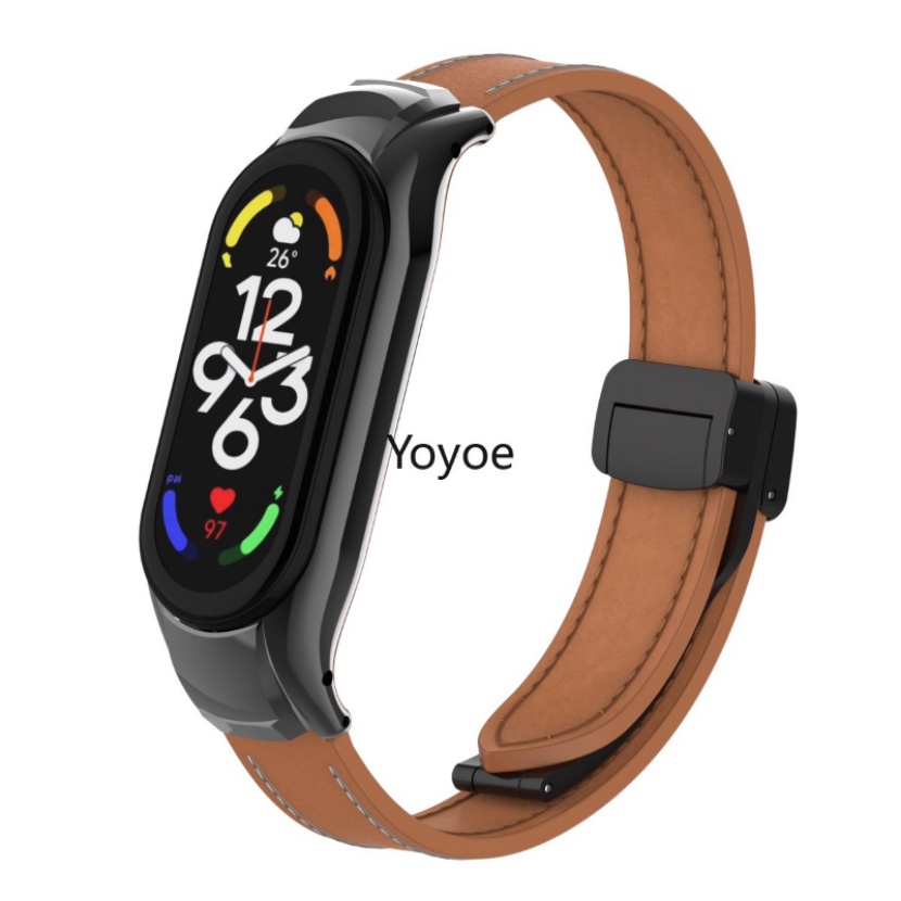 Bộ Dây Đeo Bằng Da + Vỏ Kim Loại Có Khóa Nam Châm Cho Mi Band 7 6 5 4 3 Xiao Mi Band 5 4
