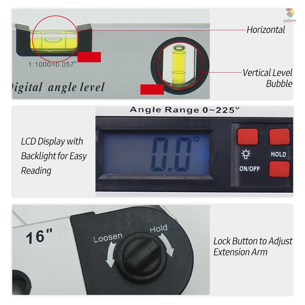 Thước Đo Góc Kỹ Thuật Số LCD 16-inch 225 Độ Bằng Hợp Kim Nhôm Chuyên Dụng Làm Mộc